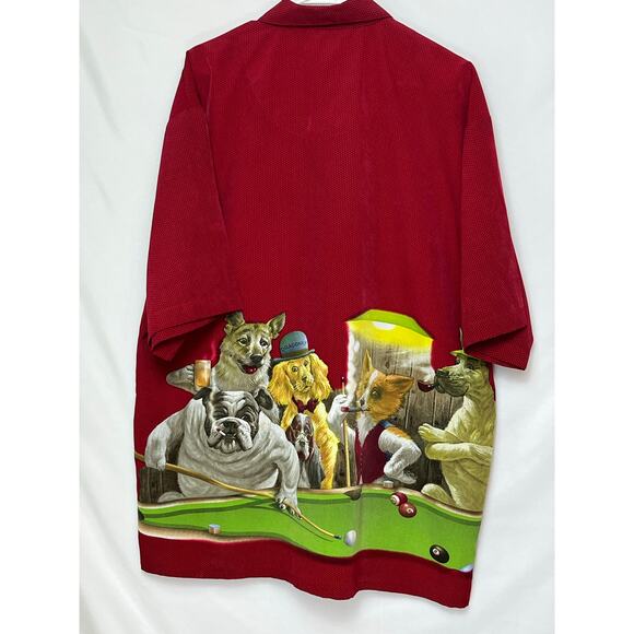 Dragonfly Men’s XXL Red Button Front Shirt Dogs Playing Pool Short Sleeve Casual - Picture 2 of 8